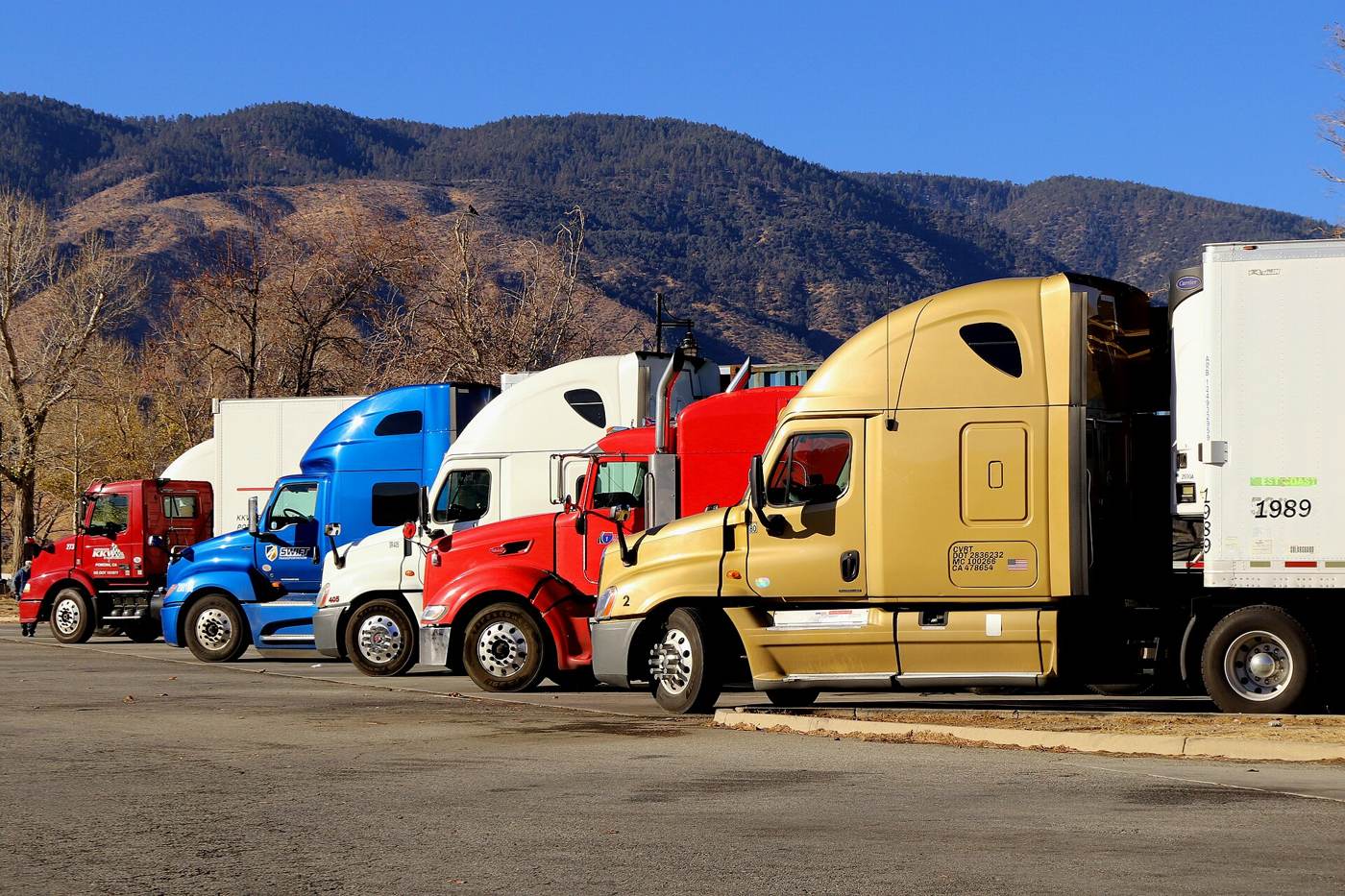 Row of semi tractors in a yard
